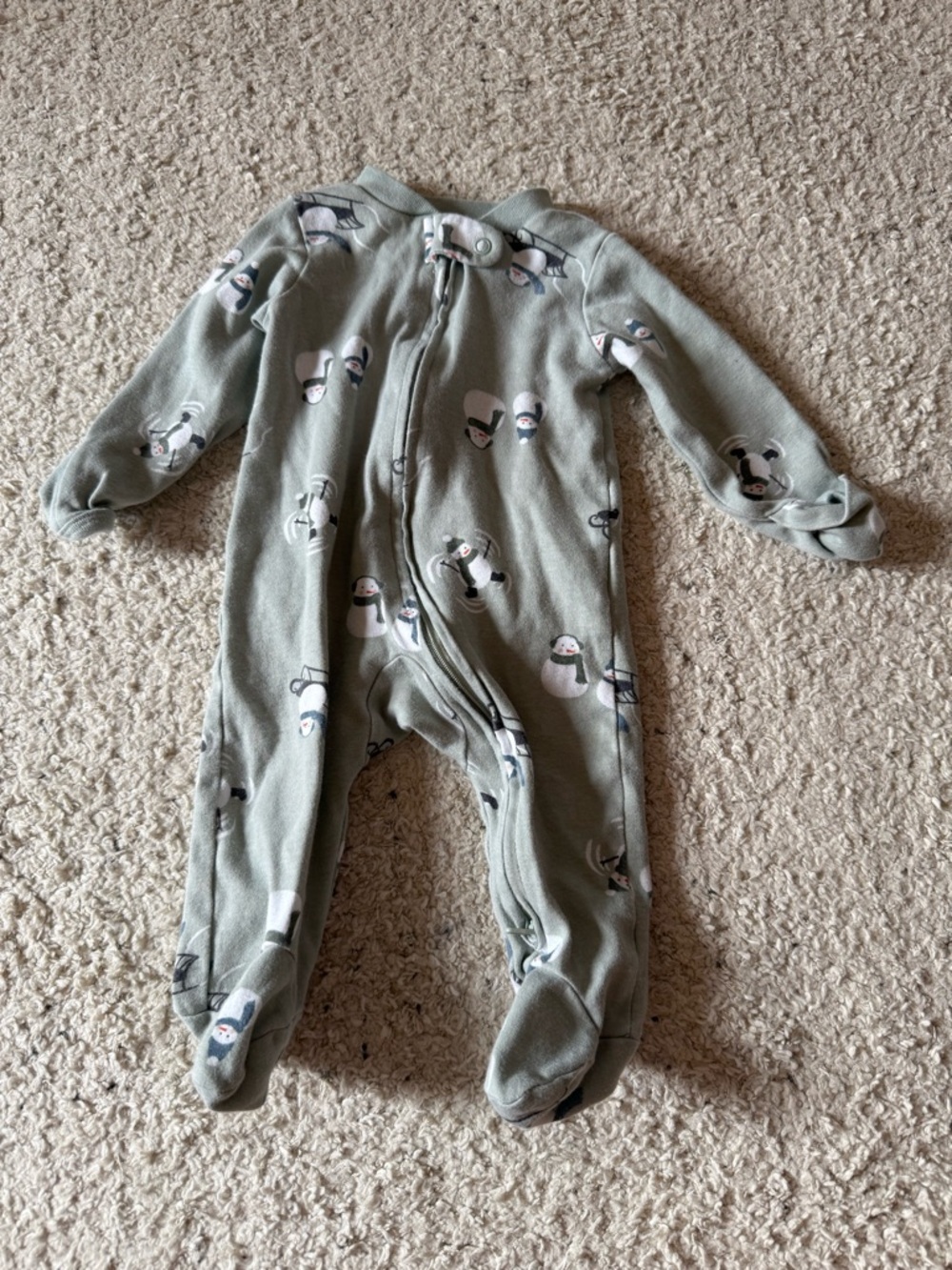 Baby Fleece One-Piece Footed Sleeper in Sage with snowman Print